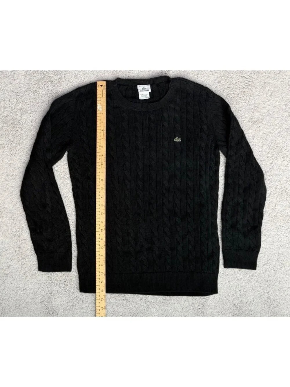 Lacoste Mens Black Cable Knit Crewneck Sweater Size 46 / US Large Cotton